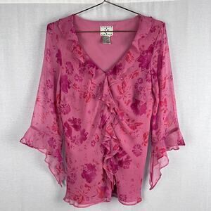 Vintage Y2K Ice Fairy Top Silk Pink Floral Ruffle Romantic Artsy Spring Flowy